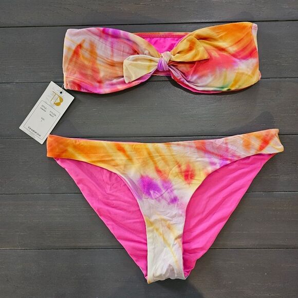 Tinibikini Large Tie Dye 2 Pc bandeau Front tie bow bikini top & bottom set - Picture 5 of 7